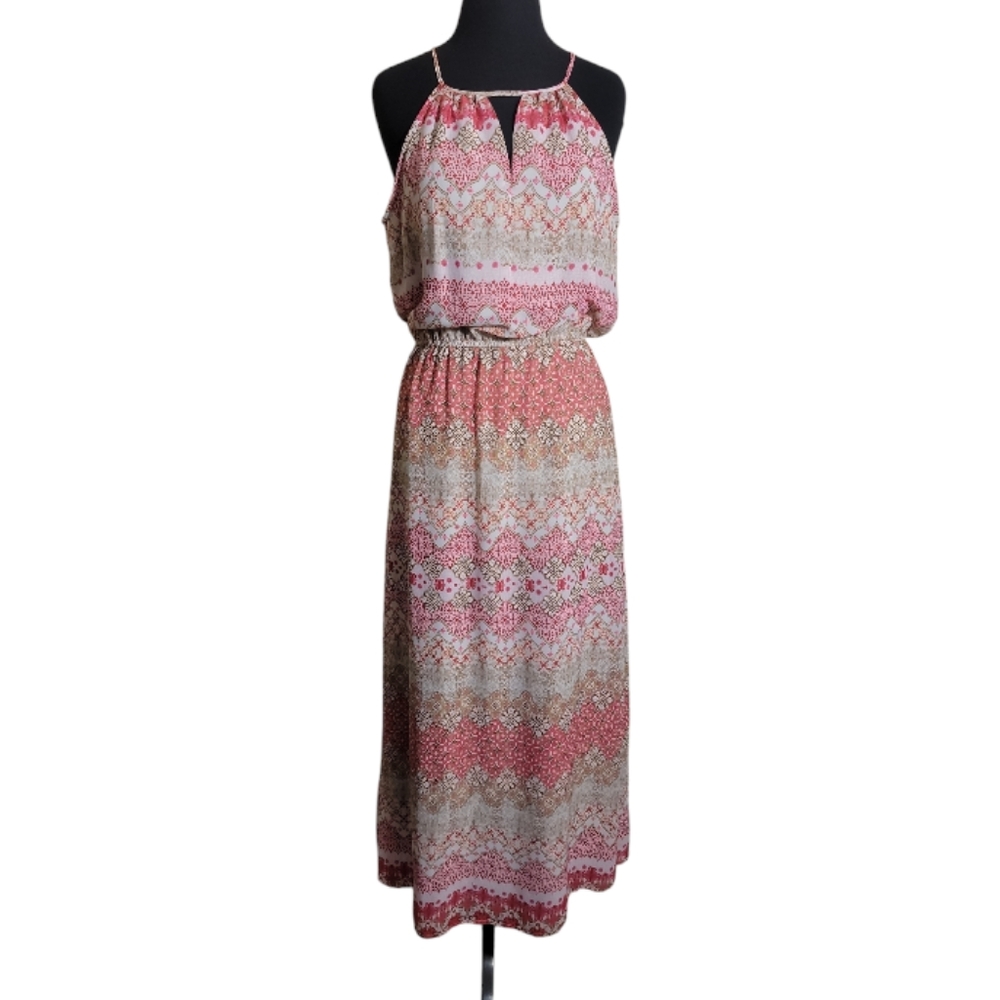 Tacera Boho sleeveless midi dress pink white geometric print women's size large